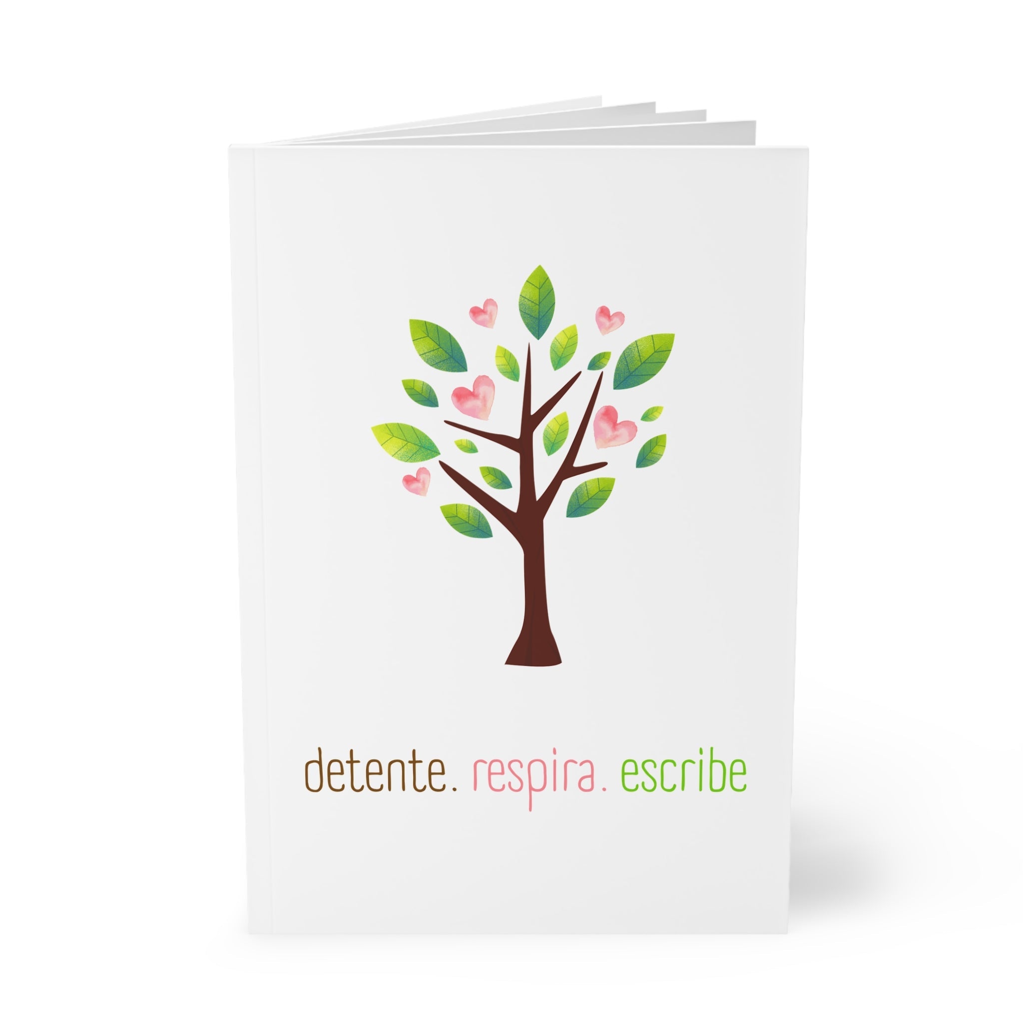 Libreta A5 Notebook — "Detente. Respira. Escribe" Tree & Heart Journal - Papeles Verdes