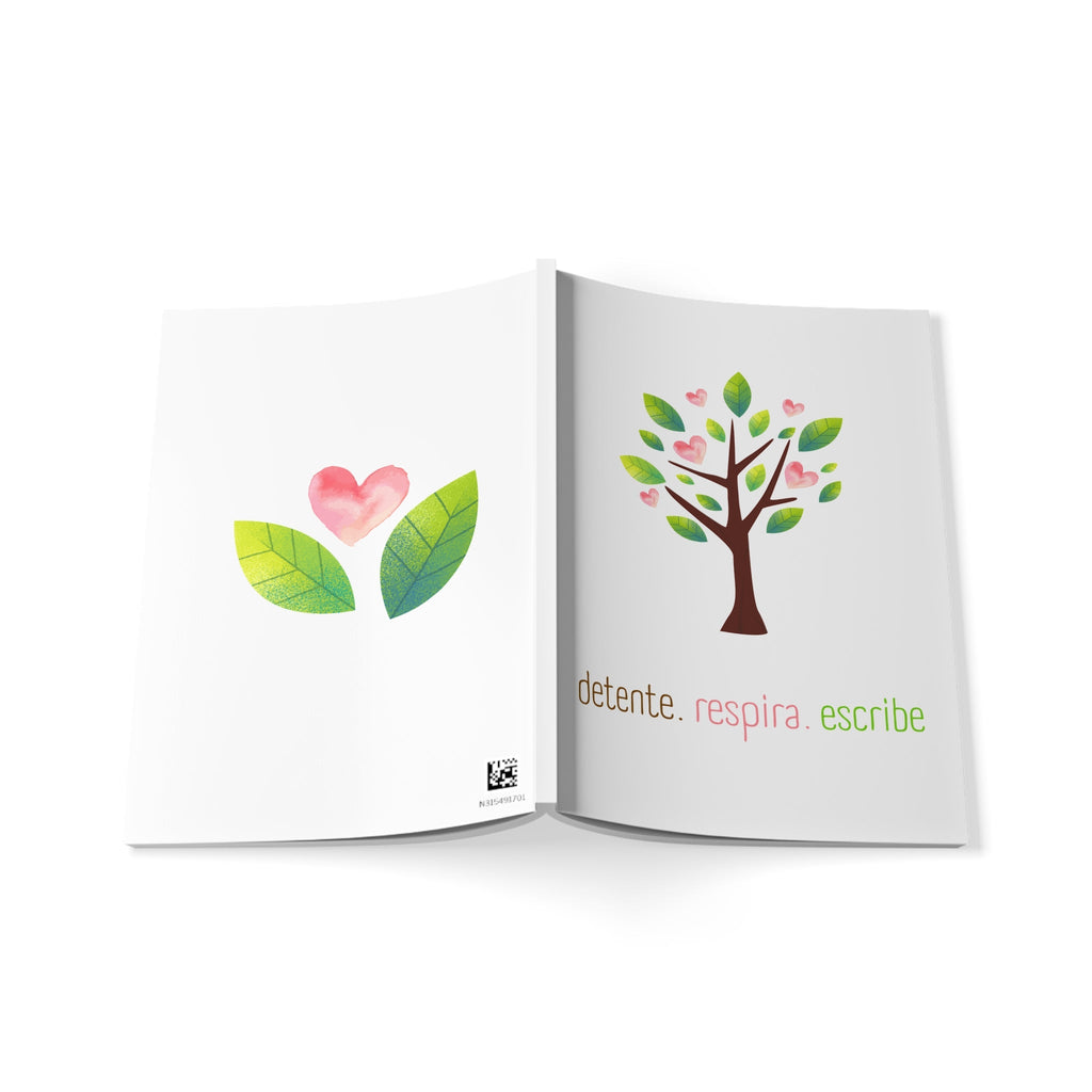 Libreta A5 Notebook — "Detente. Respira. Escribe" Tree & Heart Journal - Papeles Verdes